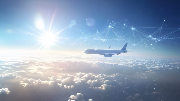 White airplane is flying above the clouds and connecting to a global network