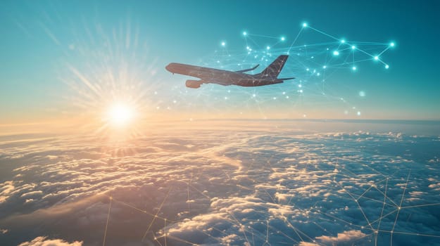 Plane is flying above the clouds at sunset, connected by a network of lines and dots