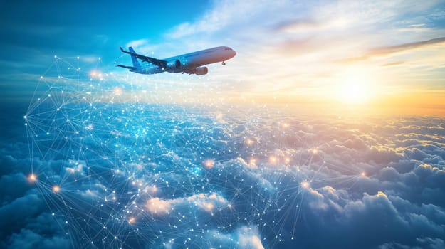 Airplane flying above the clouds with network connections at sunset