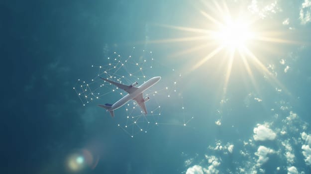 Airplane is flying through a bright sunny sky, connected to a network of dots