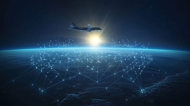 Airplane flying over the earth with network connections symbolizing global travel and communication