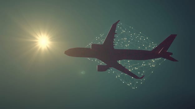 Airplane flying high in sky connected by network of dots representing global travel and communication