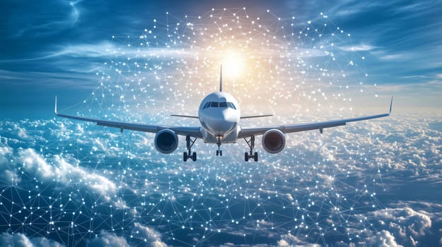 Passenger airplane flying above the clouds with a network connection surrounding it
