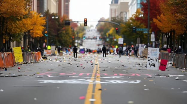 Deserted city street littered with trash and debris following a protest march for equality