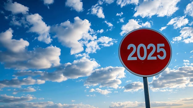 Concept about the future with a red road sign showing the year 2025