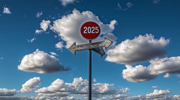 Street sign with 2025 on it showing choices with two arrows pointing different directions