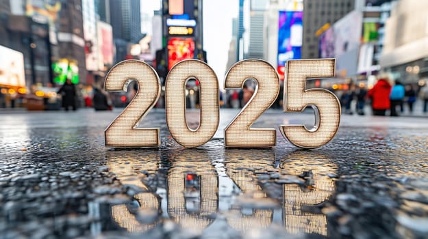 Large illuminated numerals 2025 celebrating the new year in times square new york city with blurry people in the background