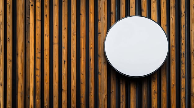 Round white empty signboard with black frame is hanging on a modern design wall with vertical wooden planks