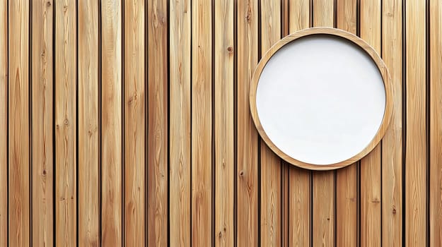 Round wooden frame hanging on a wooden wall, creating a stylish and modern interior design element