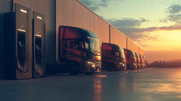 Row of generic, electric semi trucks charging batteries at station at sunset