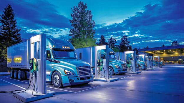 Row of modern electric semi-trailer trucks charging batteries at an electric station in the evening