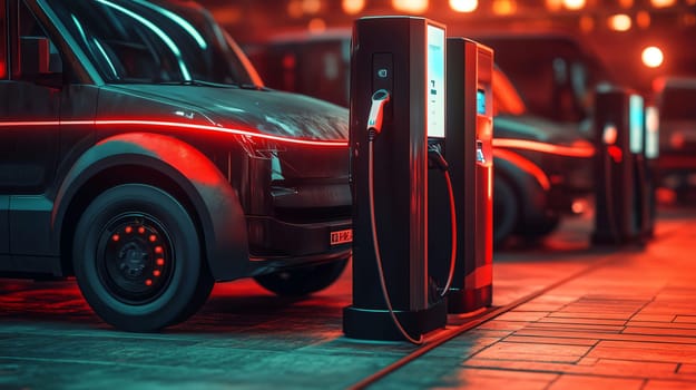 Row of generic, modern, electric delivery vans charging batteries at a glowing charging station at night