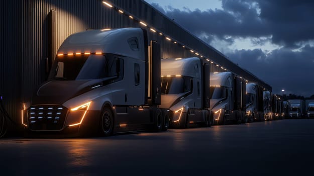 Row of generic brand electric semi trucks charging at an industrial warehouse depot at night