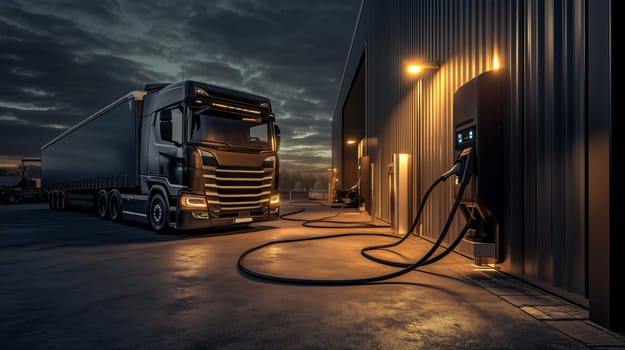 Modern black electric semi-trailer truck is charging its battery at a charging station at an industrial warehouse at night