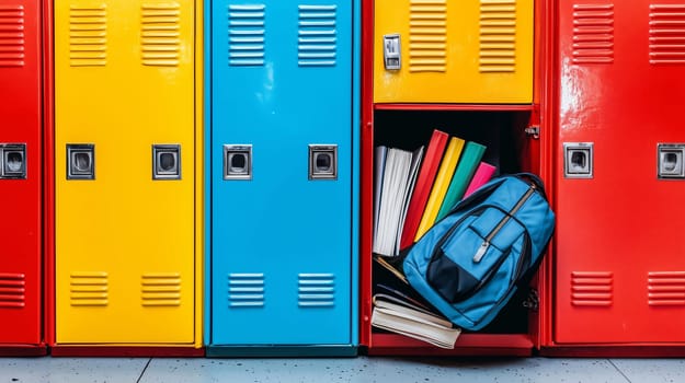 Row of colorful school lockers with one open, showing a backpack and school supplies