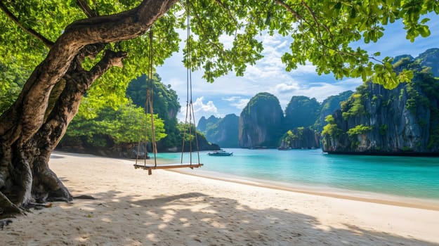 Swing is hanging from a tree on a beautiful tropical beach with turquoise water