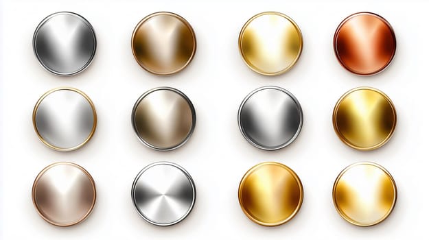 Set of twelve round metallic buttons is laying on a white background, showing different metals and colors