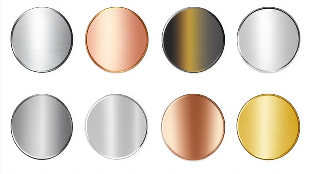 Set of eight round metal plates showing different textures and colors, isolated on white background