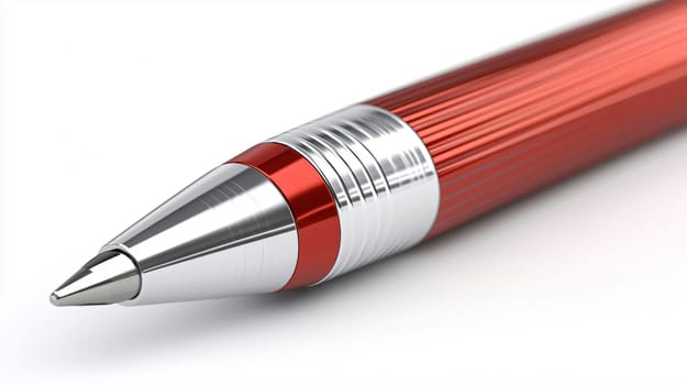 Close-up shot of a shiny red pen is laying diagonally across a white surface