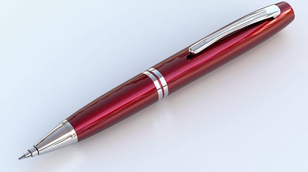 Shiny red pen is lying diagonally on a white surface