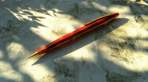 Red and gold pen is laying on white paper, casting a shadow and illuminated by bright sunlight shining through nearby leaves