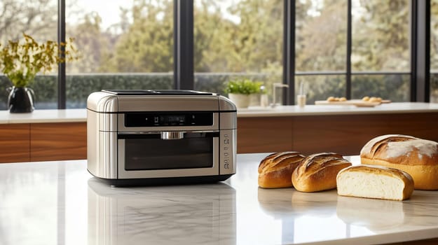 Sleek and modern toaster oven sitting on a marble countertop in a bright kitchen, with freshly baked bread