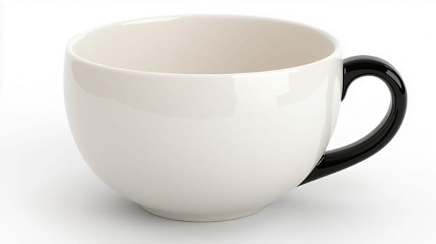 Simple white ceramic cup with a black handle is standing on a white background