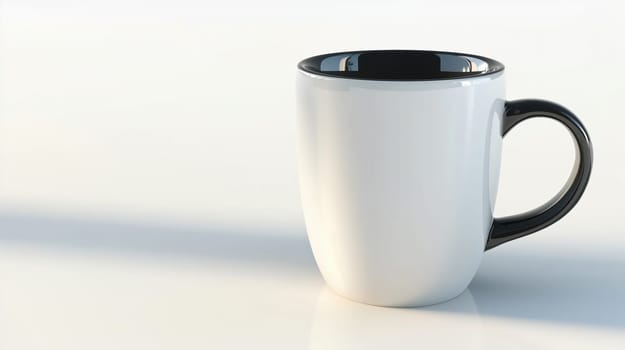 Simple white ceramic cup with a black handle is standing on a white desk in a very bright indoor setting