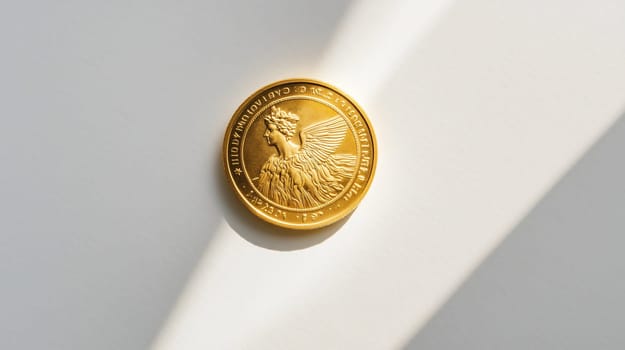 Single gold coin is standing on its edge, casting a shadow on a white background illuminated by bright sunlight