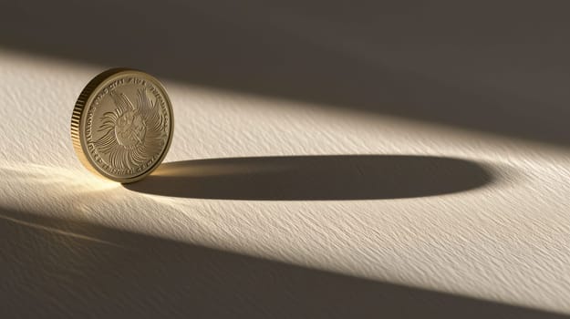 Single gold coin standing on its edge casting a long shadow on a white surface illuminated by a ray of light