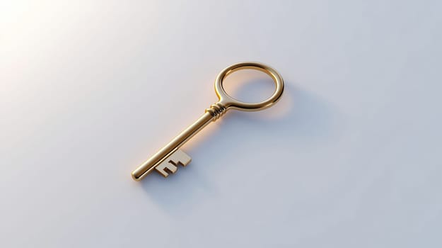 Single golden key is casting a shadow on a white surface with natural lighting