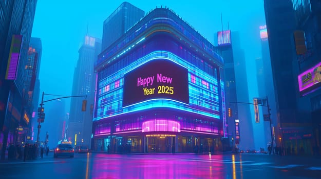 Digital billboard is wishing a happy new year 2025 in a futuristic times square in new york city