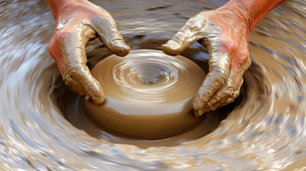 Potter is shaping wet clay on a pottery wheel, transforming a lump of earth into a beautiful object