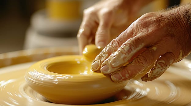 Potter is shaping a clay pot on a spinning pottery wheel using his fingers