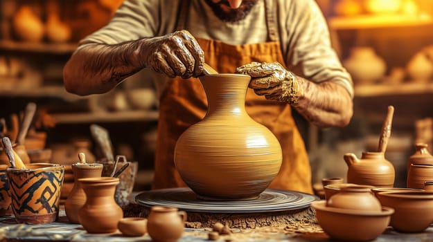 Potter wearing an apron is shaping a clay pot on a spinning wheel in a workshop full of pottery