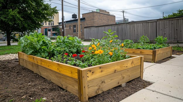 Wooden raised garden beds overflowing with lush greenery and colorful flowers, bringing a touch of nature to an urban setting