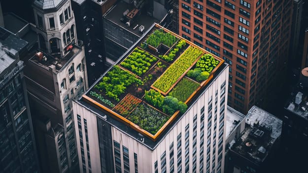 Urban garden is growing on a rooftop in the middle of a city center