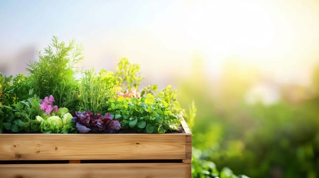 Wooden crate is overflowing with fresh herbs and vegetables, providing a source of fresh, homegrown produce in the heart of the city