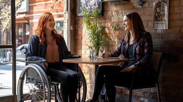 Two businesswomen are enjoying their business lunch meeting while discussing work at a restaurant table
