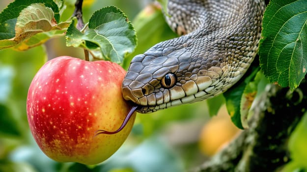 Snake tasting a ripe red apple hanging from a tree branch with its tongue out