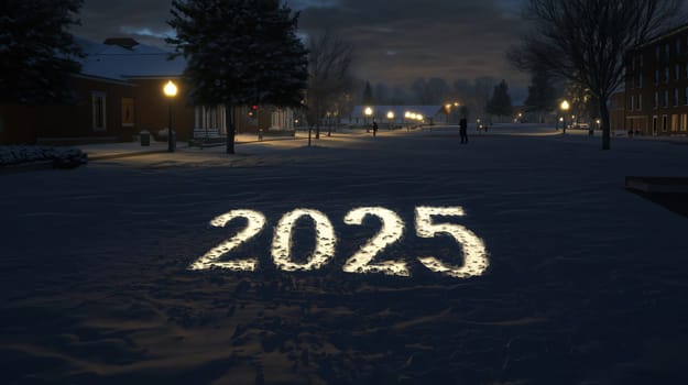 The year 2025 is illuminated in the snow on a college campus at night