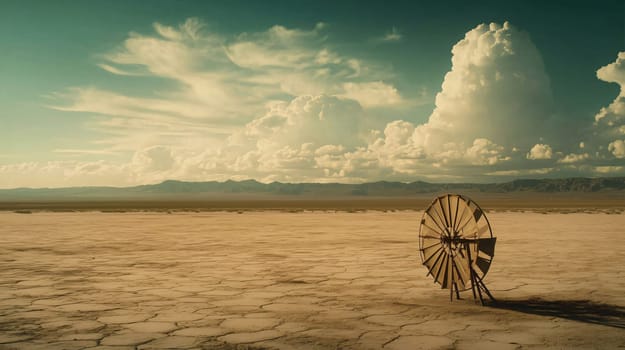Rusty windmill is standing alone in the desert with dramatic clouds filling the sky