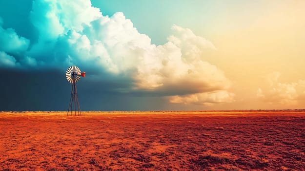Rusty windmill is standing in a barren landscape, under a dramatic sky full of clouds