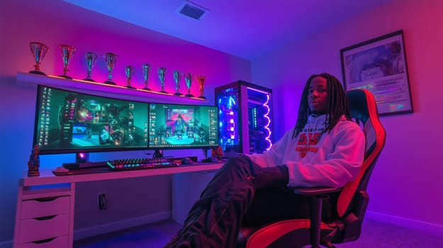 Professional gamer is sitting in his gaming chair in his room lit with neon lighting