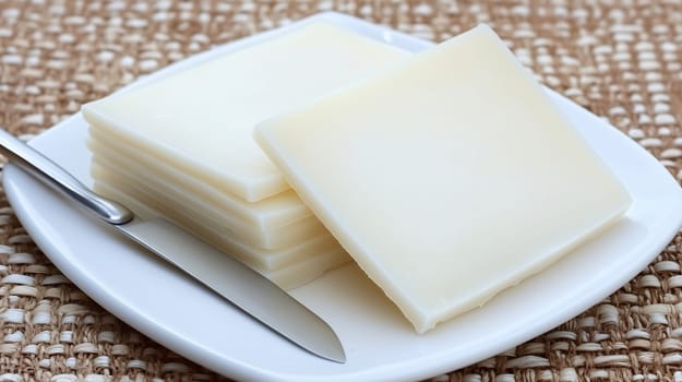 Stack of sliced cheddar cheese is arranged on a white plate with a butter knife
