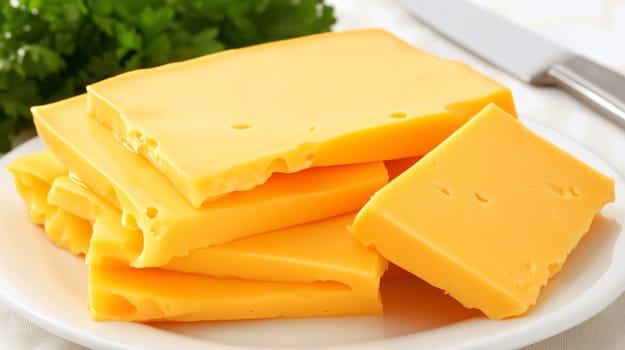 Stack of cheddar cheese slices neatly piled on a white plate
