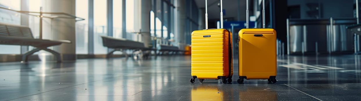 Two bright yellow suitcases are resting on the floor of a bustling airport terminal, waiting for their owners to return for them