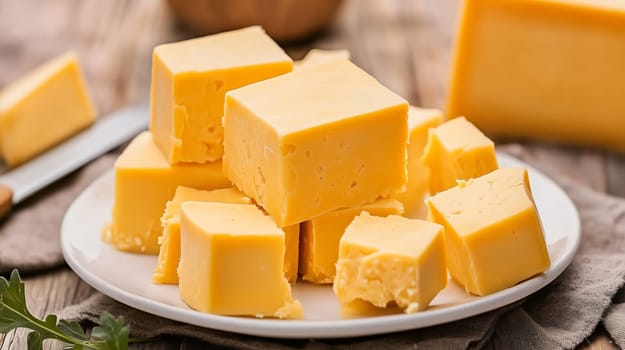 Several cheddar cheese cubes are placed on a white plate, ready to be eaten