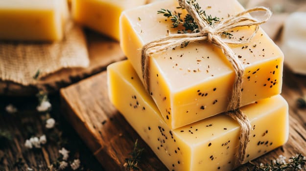 Three bars of natural soap are stacked on top of each other, tied with twine and decorated with thyme