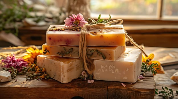 Stack of fragrant, colorful handmade soap bars is tied with twine and adorned with delicate flowers and herbs